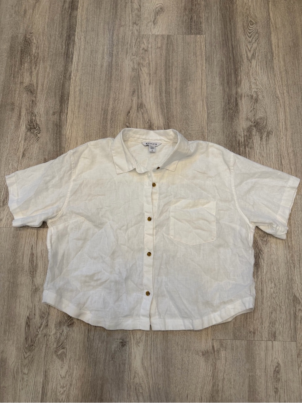 Athleta Large White 100% Linen Cropped Button Up Shirt